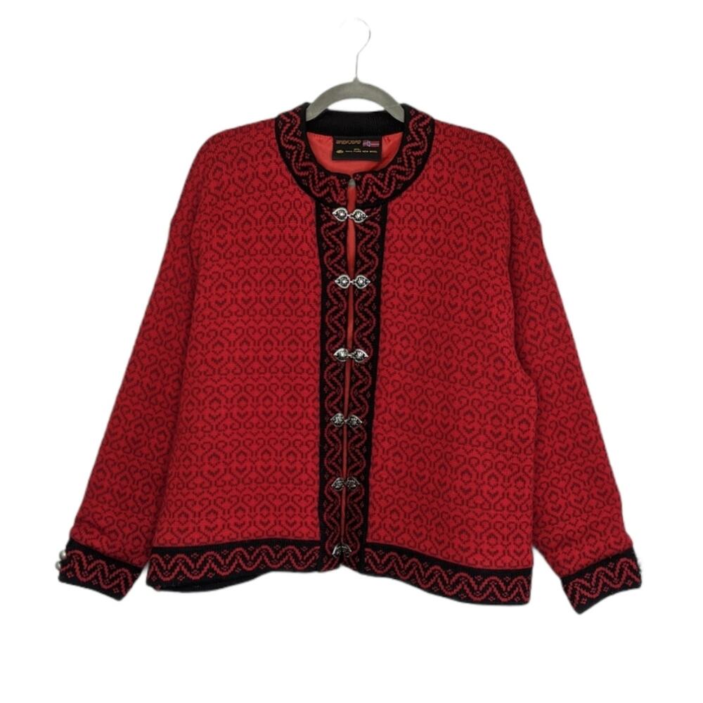 Vtg Windfjord Wool Cardigan Sweater Nordic Red